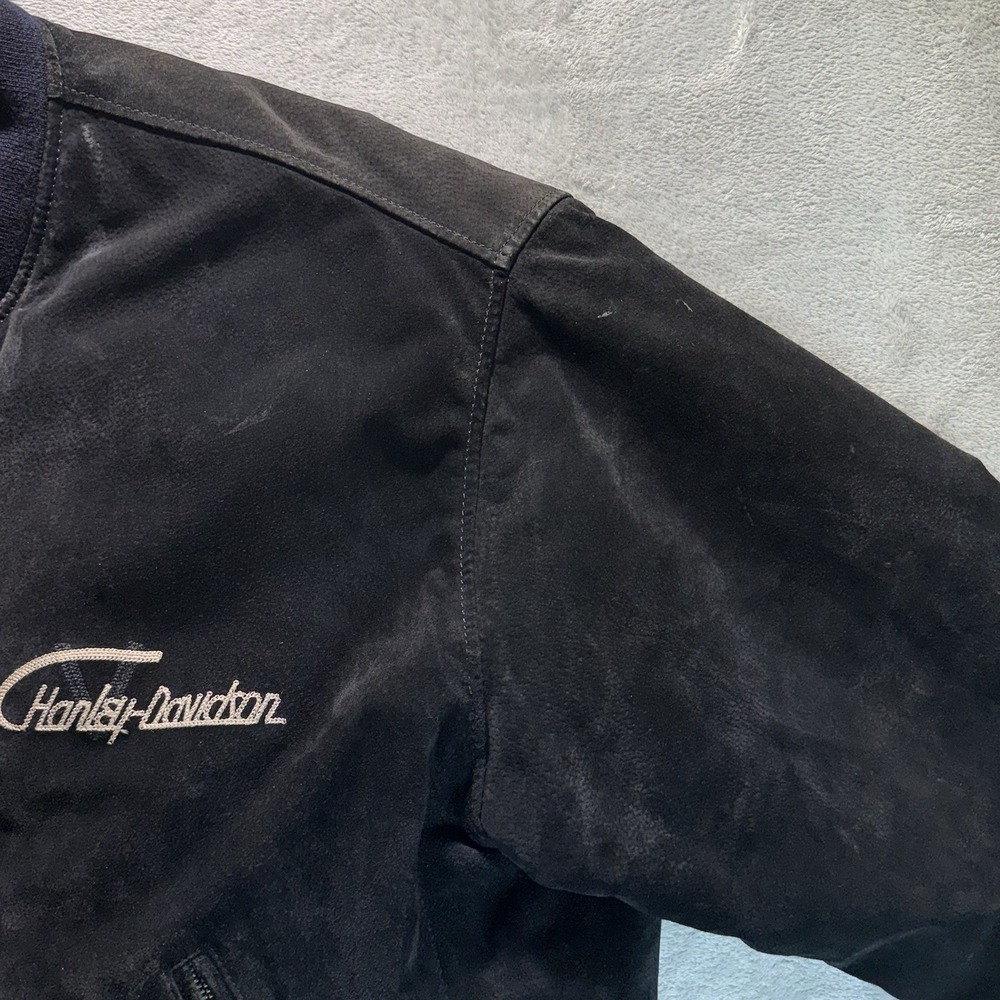 Harley-Davidson Suede Bomber Jacket V-Twin Power Patch Black XXL Vintage - Picture 10 of 16